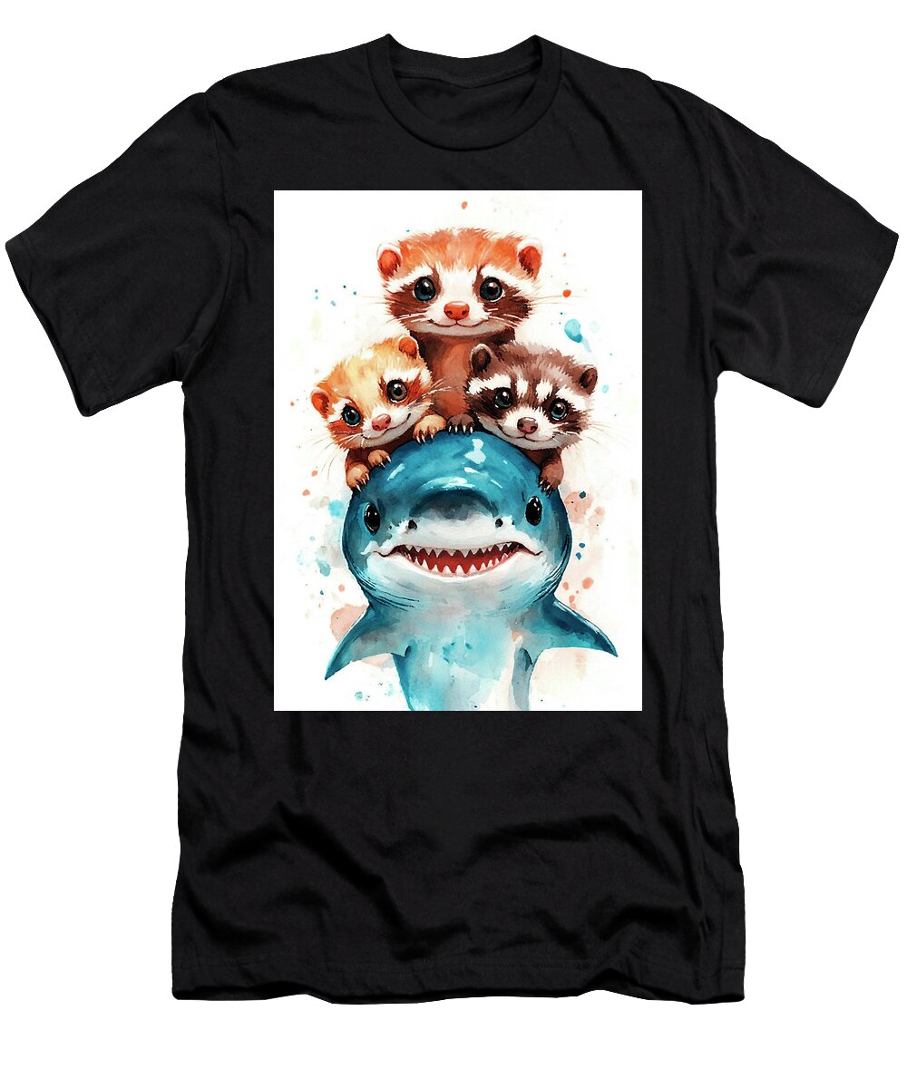 Cute Ferrets Riding a Shark Watercolor Painting Clint Mclaughlin T-Shirt
