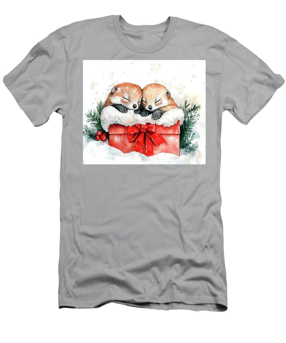 Ferrets Adorable Sleeping Animals in a Christmas Gift Box Watercolor Illustration Grover Mcclure T-Shirt