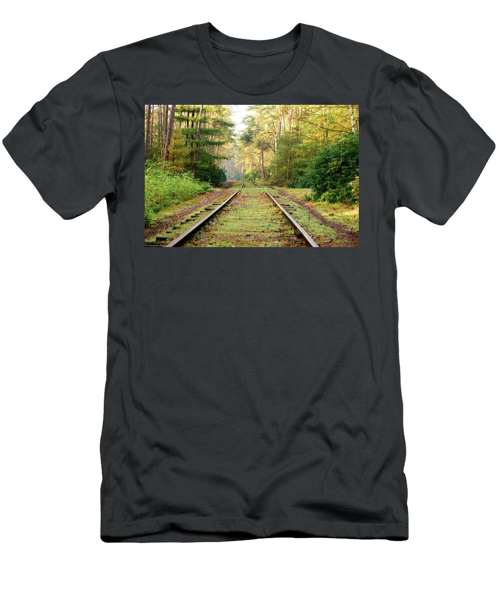 Old Mossy Railroad Tracks in Dense Hardwood Forest Johan Ferret T-Shirt