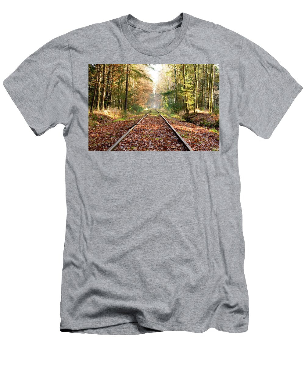 Old Railroad Tracks in Dense Hardwood Forest Johan Ferret T-Shirt