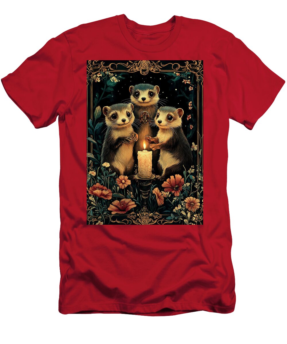 Three Ferrets Gather Around a Candle in a Dark Forest Grover Mcclure T-Shirt
